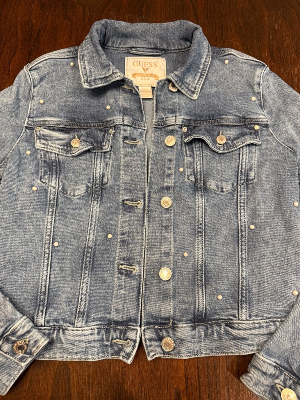 Vintage GUESS Pearl Denim Jacket. Y2K Light Wash Embellished Cropped Jean Coat S - Picture 2 of 16